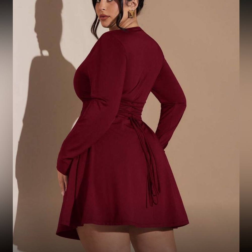 Plus Size Criss Cross Tie Up Back Slimming Waist Long Sleeve Dress Burgundy